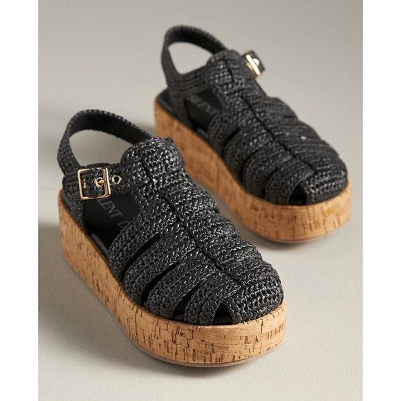 Anthropologie Silent D Fisherman Cork Platform Sandal | EU 39, 8 8.5 Black Rafia - Picture 2 of 3